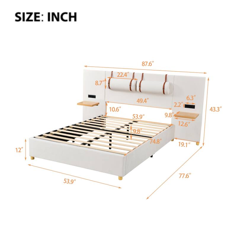 Full/ Queen Size Upholstered Platform Bed Frame with 2 USB Ports, Head Pillows and Side Storage Shelves