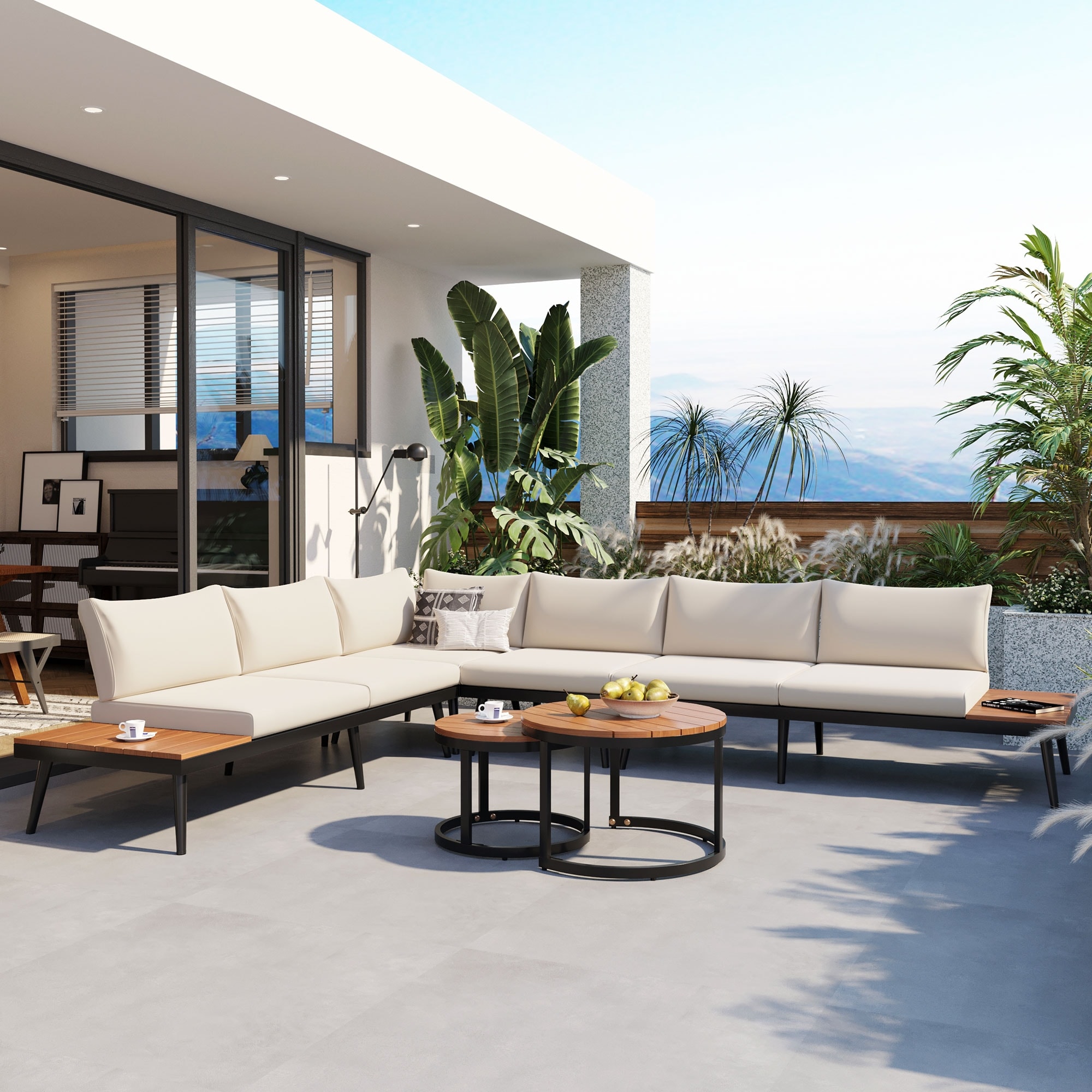6-Piece Outdoor Patio Sectional Sofa Set w/ Round Nesting Coffee Tables for Porch & Garden