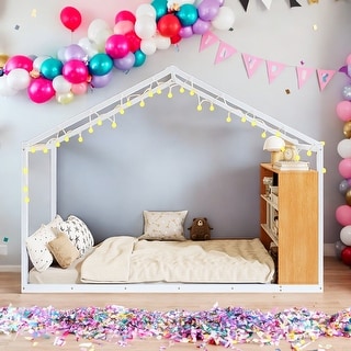 Twin Size House Bed with Roof, Handy Side Shelves, and Warm LED Lights for Kids