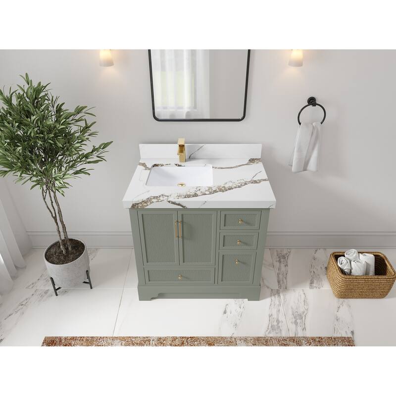 Willow Collections 36 in. W x 22 in. D Alys Left Offset Sink Bathroom Vanity with Countertop - 2"Calacatta Gold - Evergreen