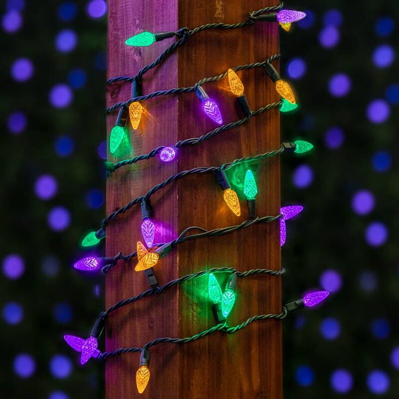 70 Light C6 LED Christmas Mini Light Set, Yellow/Purple/Green, Green Wire, 24' - Large