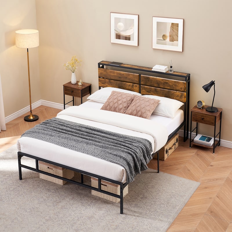 Metal Platform Bed Frame with Storage Wood headboard