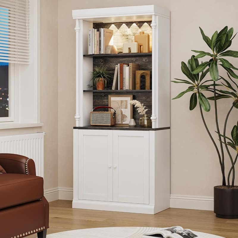 5-Tier Bookshelf Storage Cabinet with Doors Adjustable Shelves and LED Lights