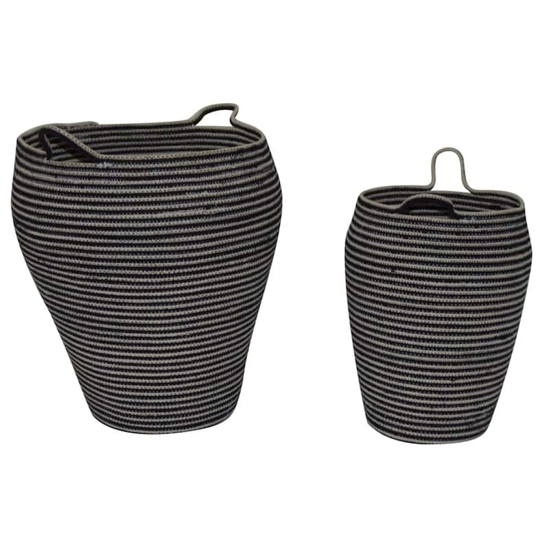 Set of 2 Natural & Black Cotton Woven Baskets w/ Handles -A