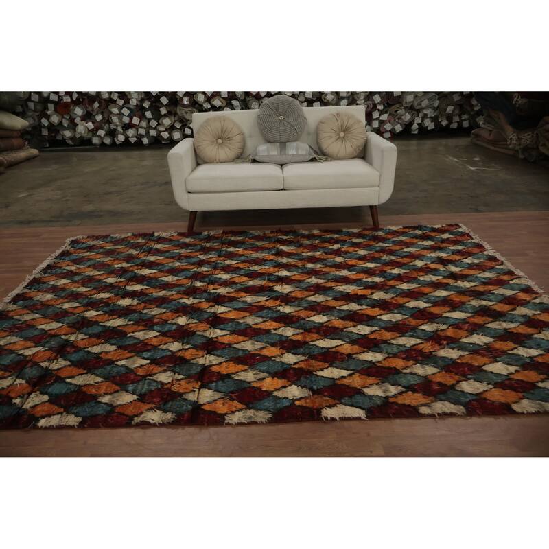 Hand Knotted Oriental 100% Wool Carpet Modern All-Over Multi-Colored Moroccan Area Rug - 9' 7'' X 6' 8''