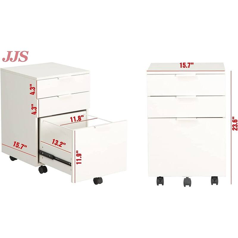 JJS 3 Drawer Rolling Wood File Cabinet with Locking Wheels for A4 or Letter Size