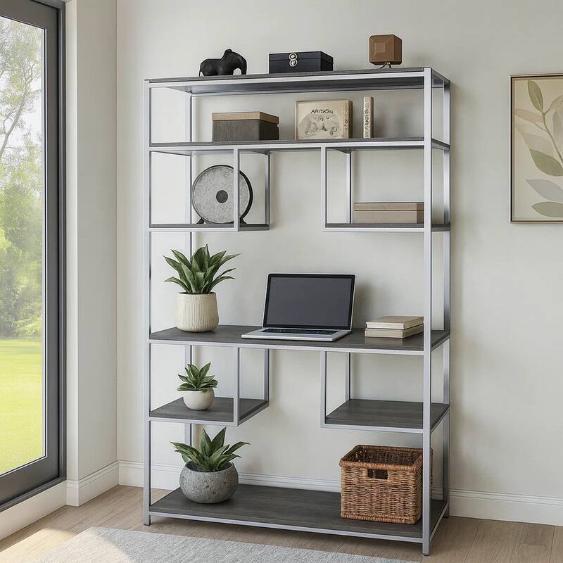 Etagere Bookshelf with 7 Shelves and Geometric Pattern,Silver and Dark Gray