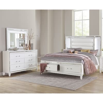 Glam LED Light 3pc Bedroom Set White Finish Bed Dresser Mirror