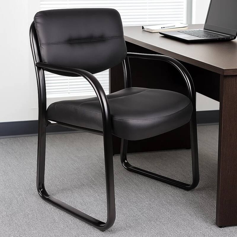 Kate Guest Armchair with Sled Base, Steel Frame, Black Faux Leather