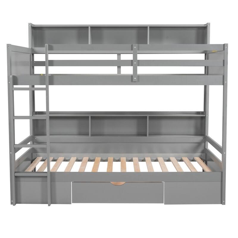Wood Twin Over Twin Bunk Bed with One Drawers and Storage Shelves