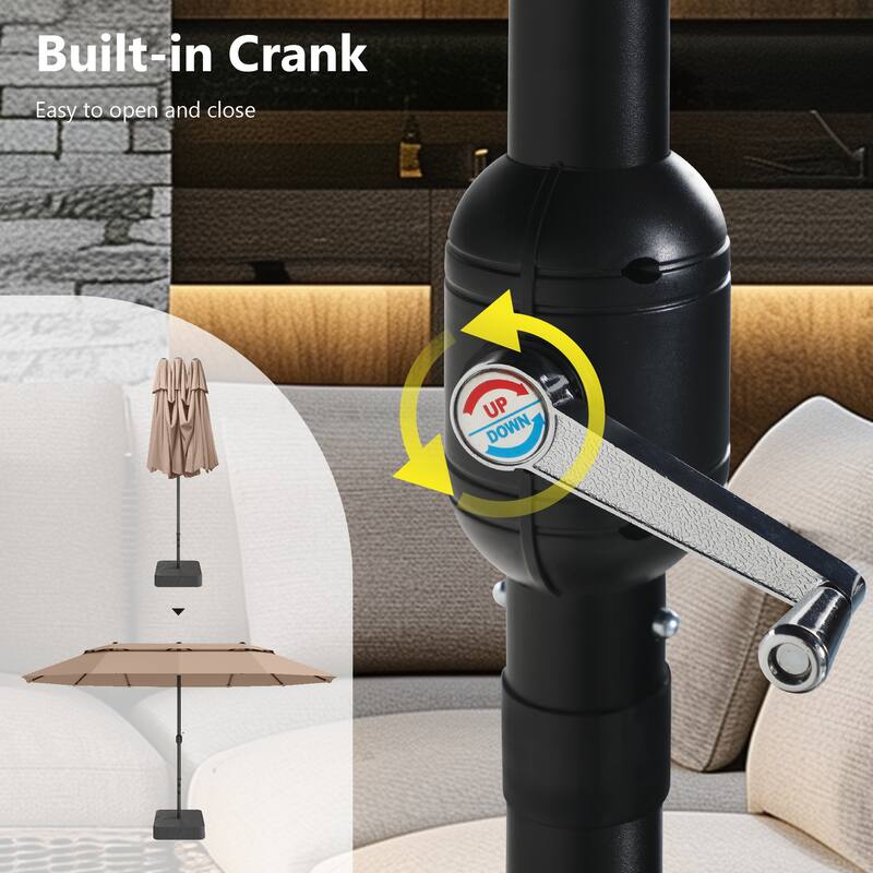 MAISON ARTS 15ft 2-Tier Large Patio Umbrella with Solar Lights, Double-Sided Outdoor Market Umbrellas with Base Included