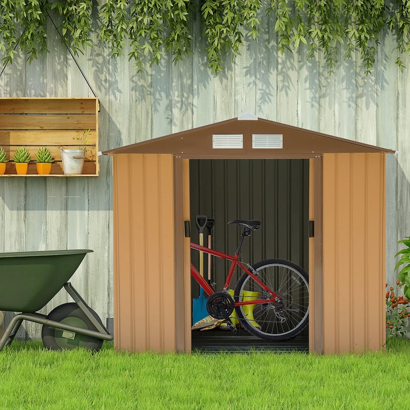 Outsunny 7'x4' Metal Outdoor Shed Organizer & Garden Storage with 4 Vents for Airflow & 2 Easy Sliding Doors - Brown