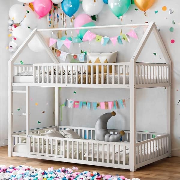 slide 2 of 12, Metal Twin over Twin House Bunk Bed with Fence and Door White