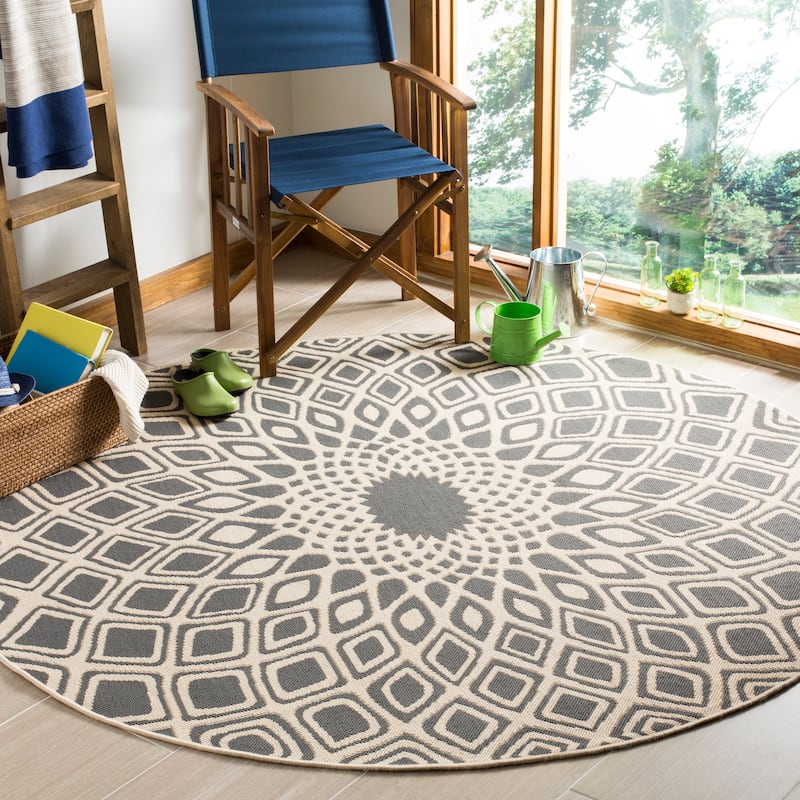 SAFAVIEH Courtyard Marylyn Indoor/ Outdoor Waterproof Patio Backyard Rug - 6'7" x 6'7" Round - Anthracite/Beige