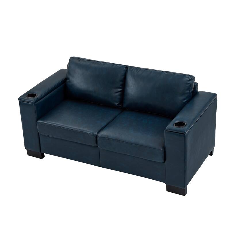 67.7" Modern Style Loveseat Faux Leather Couch,Square Arm Sofa With Cup Holder,Storage Sofa,Upholstered PU Leather