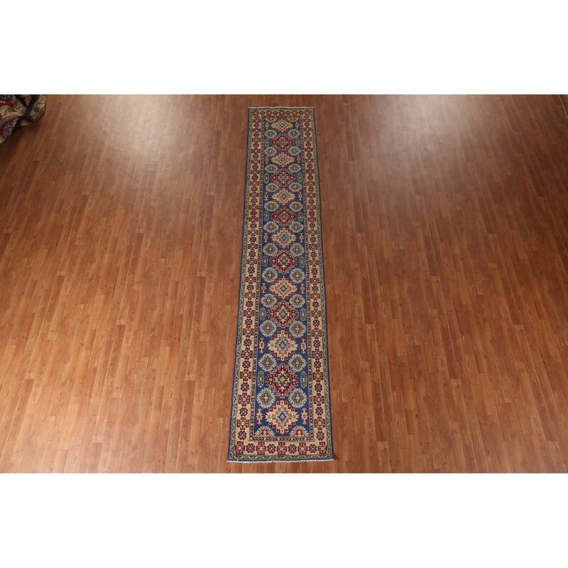 Blue Kazak Runner Rug Hand-Knotted Wool Carpet - 2'7" x 13'2"