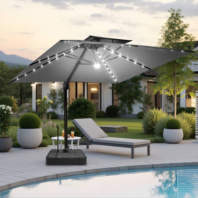 Pellebant 11 FT Square Outdoor Patio Double Top Cantilever Umbrella Solar LED Lighted with Rod Base