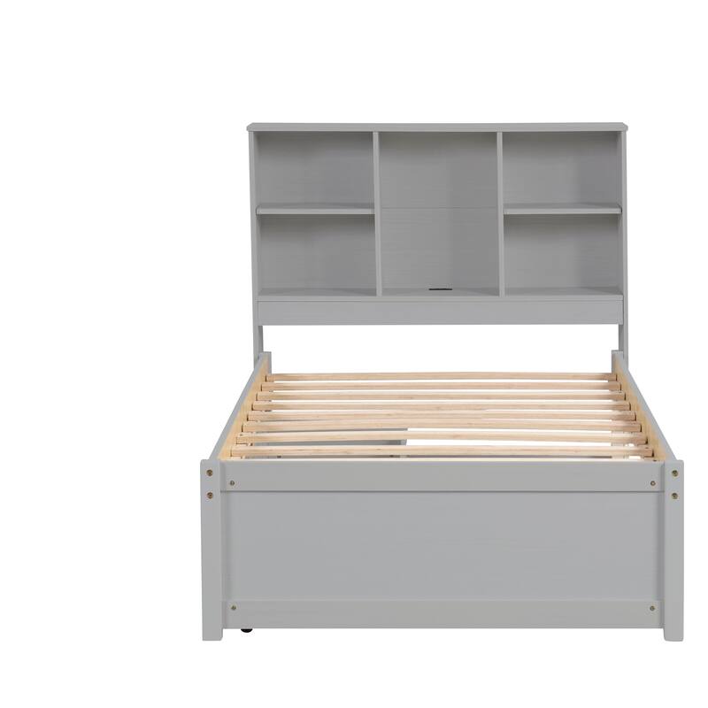 Modern Twin Size Bed Frame with USB Port, Bookcase Headboard, and 2 Drawers in Grey