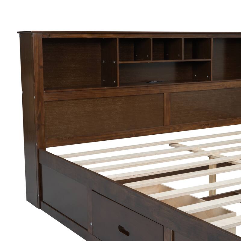 King Size Wood Platform Bed with Storage Headboard, USB Ports, and Drawers in Antique Wood Finish
