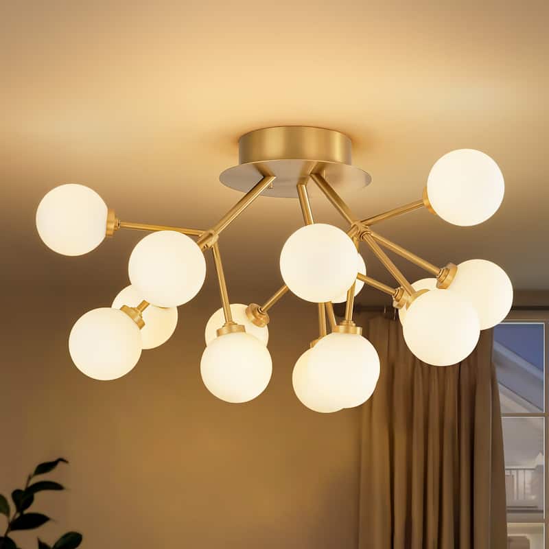 Allegra 15-Light Modern Gold Sputnik Cluster Frosted Opal Glass Globe Bubble Semi-Flush Mount LED Light