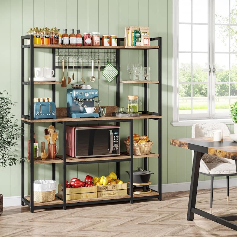 55" Wide Kitchen Hutch Cabinet Microwave Stand with 11 Hooks