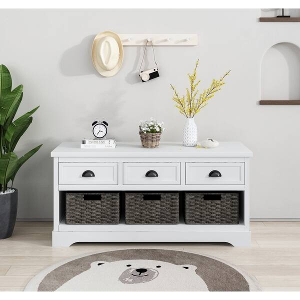 Modern Wood Storage Bench with 3 Drawers and 3 Woven Baskets Bed Bath