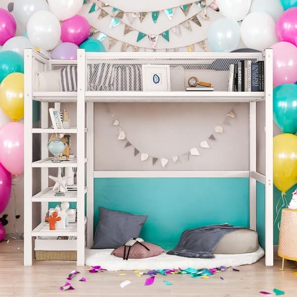 slide 2 of 9, Modern Twin Size Loft Bed with 4-Tier Shelves and Storage and 4-step Ladder for Bedroom White