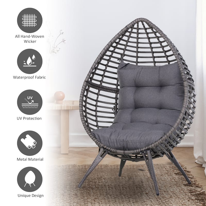 Outsunny Patio Wicker Egg Chair w/ Soft Cushion, Teardrop Cuddle Seat, Outdoor / Indoor Patio Chair