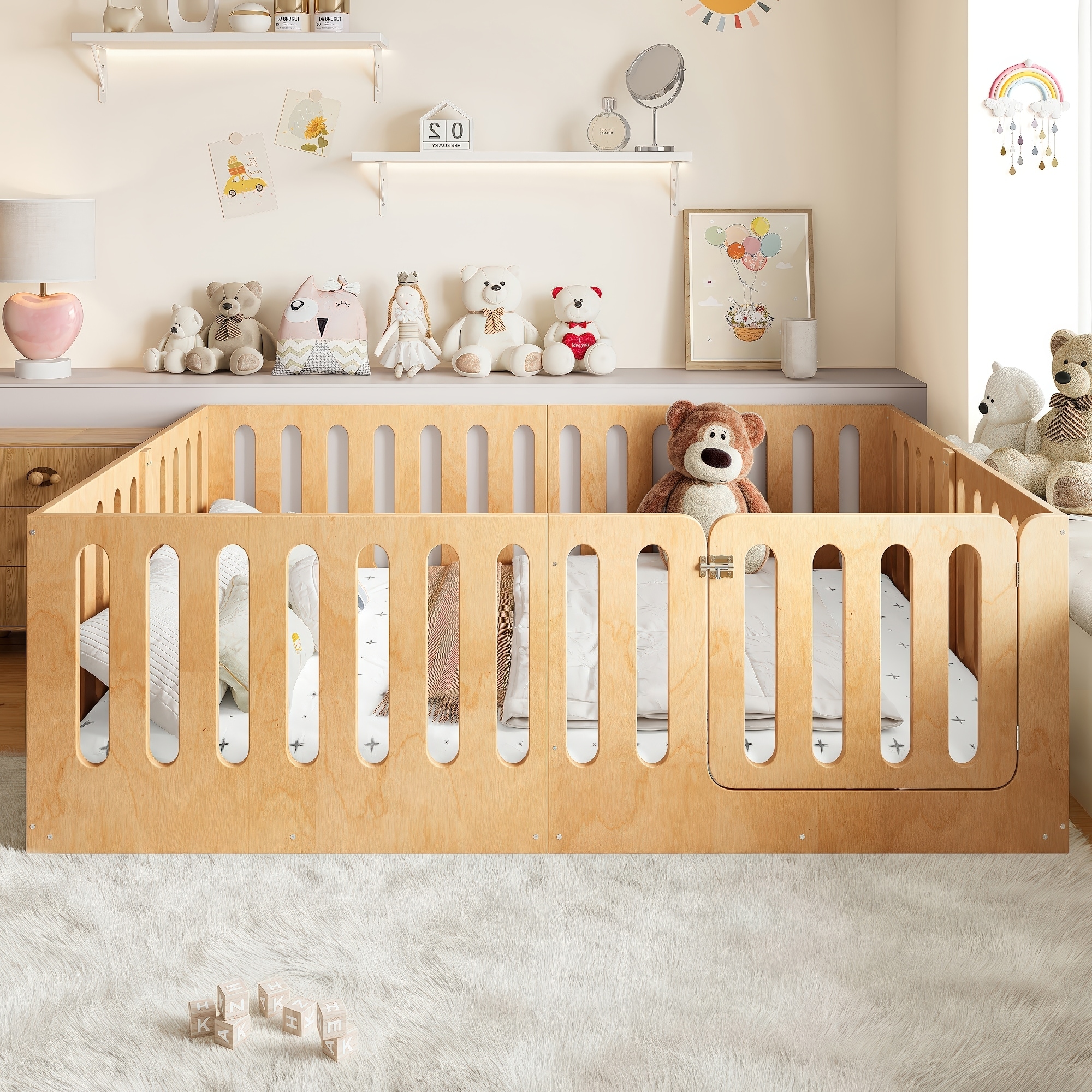 Queen Size Floor Bed with High Fence for Kids, Solid Wood Kids Montessori Bed with Door, No Box Spring Needed Design