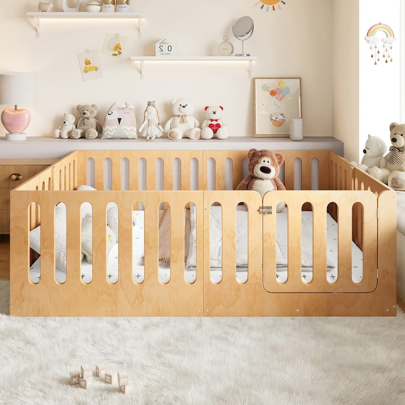 Queen Size Floor Bed with High Fence for Kids, Solid Wood Kids Montessori Bed with Door, No Box Spring Needed Design - Natural