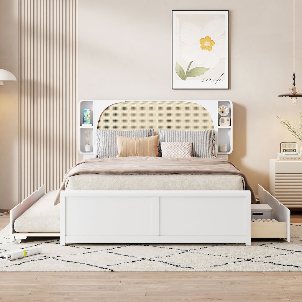 Queen Size Platform Bed with Rattan Headboard,Two Drawers and Trundle
