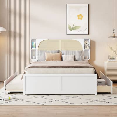 Queen Size Rattan Bed with Drawers and Trundle
