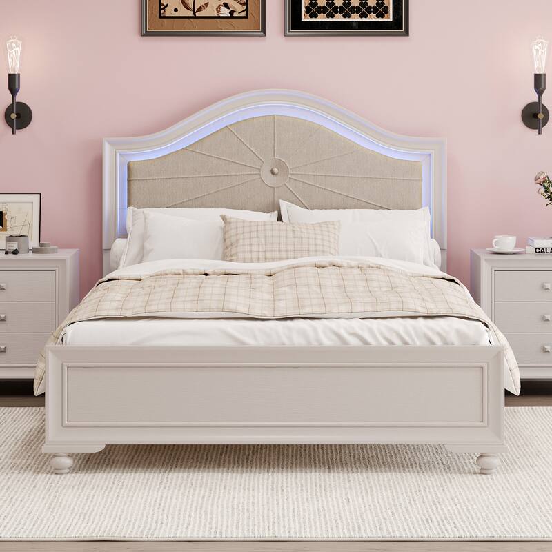 Roomfitters Full/Queen Size Wood Bed, Lighted Curved Headboard, Upholstered Frame, No Box Spring, Cream Grey