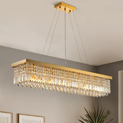 47 in. Gold Crystal Chandelier 10-Light Modern Rectangular Crystal Raindrop Chandelier for Kitchen Island Dining Room