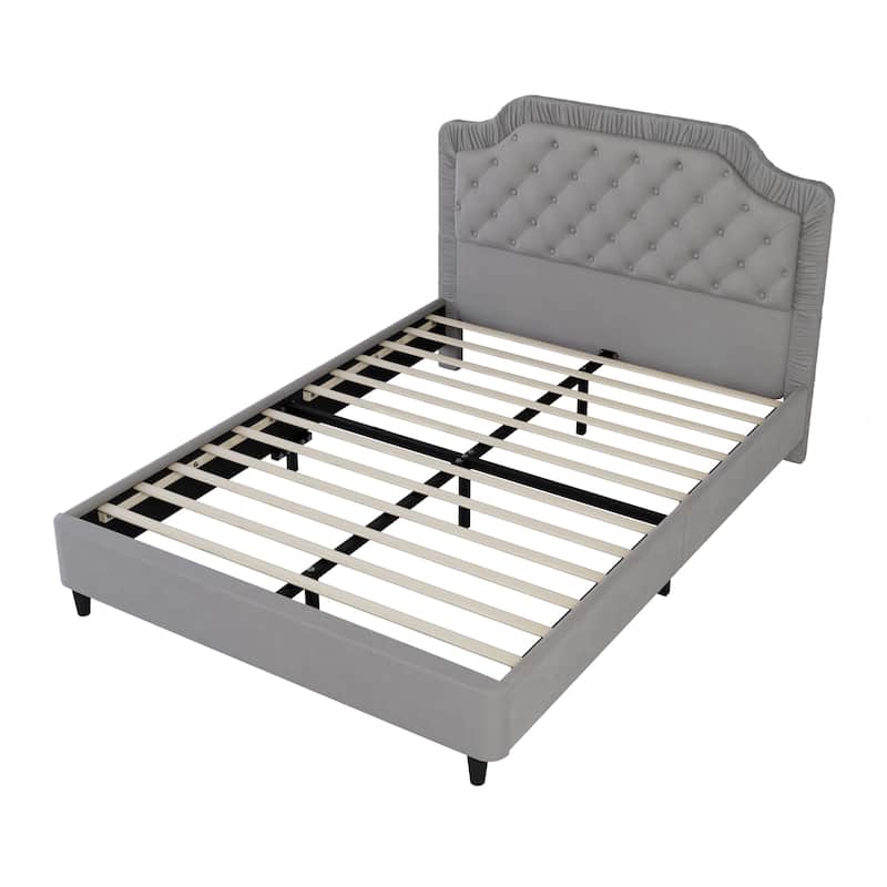 Queen Size Velvet Upholstered Bed with Tufted Headboard & Wood/Metal Frame (600lb Capacity)