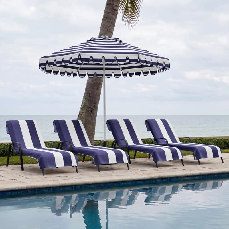 100% Cotton Cabana‑Stripe Lounge Chair Cover Terry Towel with Fitted Pocket & Back Flap Set of 4