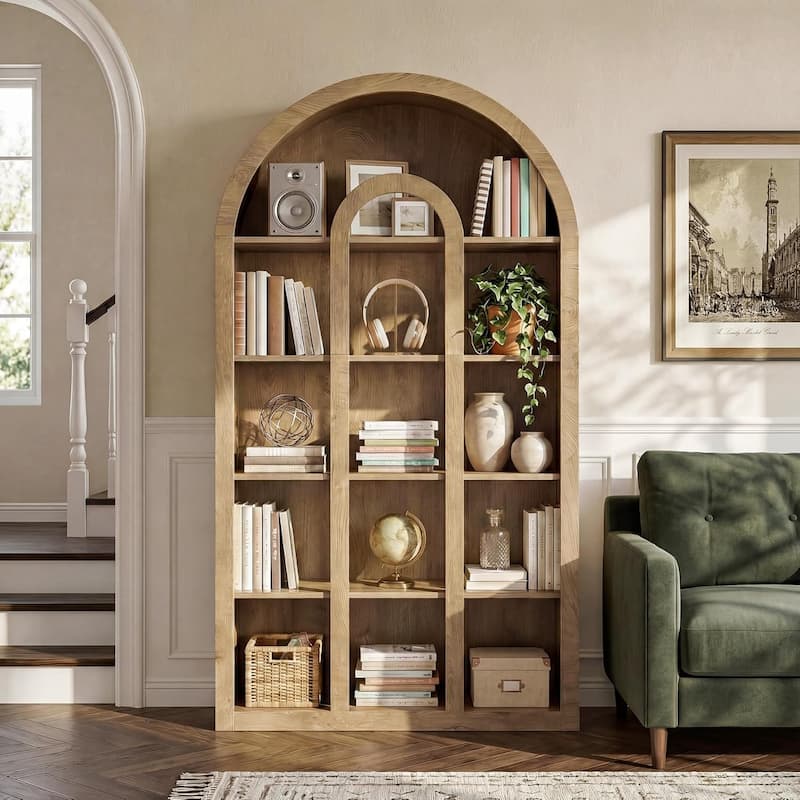 71-Inch Tall Arched Bookshelf with Open Shelves for Living Room, Office, Bedroom