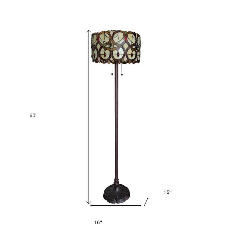 HomeRoots 63" Beige Metal Two Light Torchiere Floor Lamp With Red And White Flowers Glass Drum Shade - 16