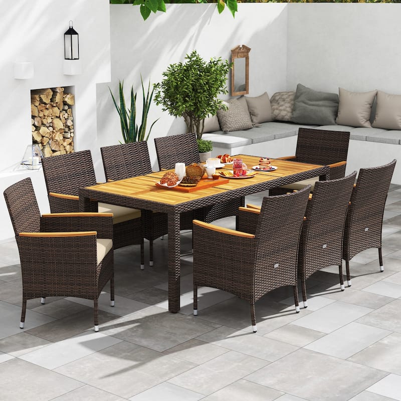 Gymax 9 Pieces Patio PE Wicker Dining Set Outdoor Acacia Wood Table &