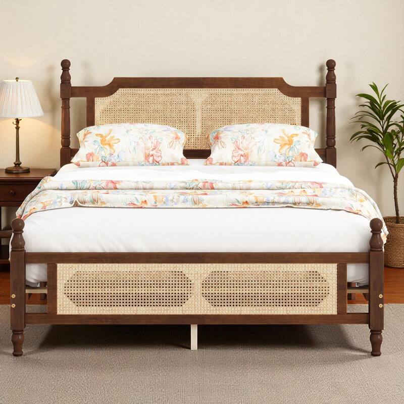 Queen/King Size Pine Wood Bed with Rattan Headboard and Footboard, Solid Frame with Central Support and Under-Bed Storage
