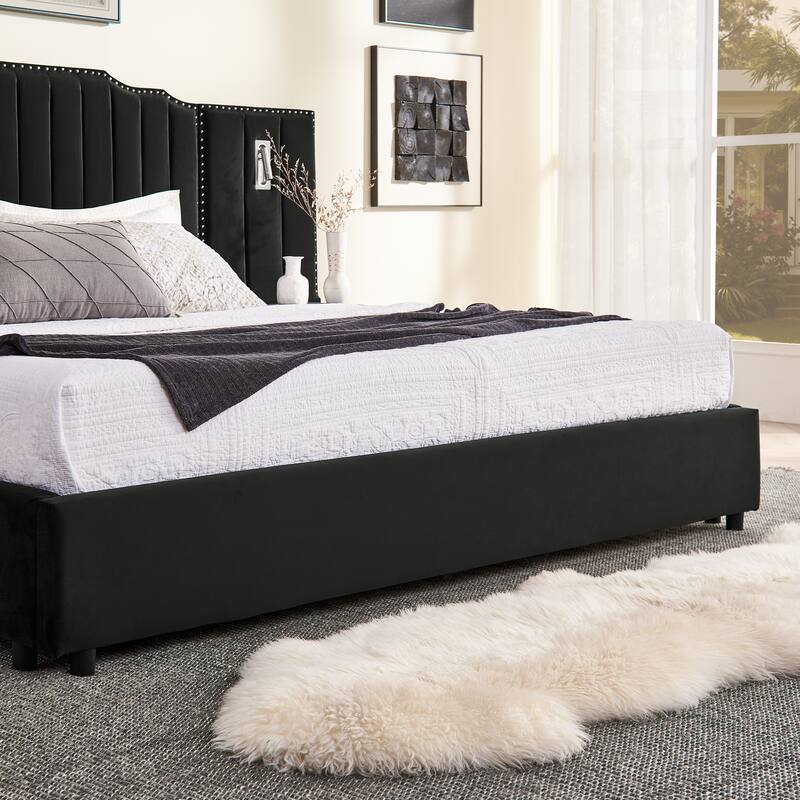 King Size Upholstered Bed Frame with Velvet Fabric, Vertical Stripe Design with Buttons Around King Size Platform Bed