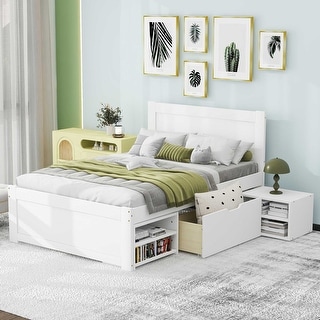 Twin Platform Bed with Drawer and Two Storage Shelves, No Box Spring Needed