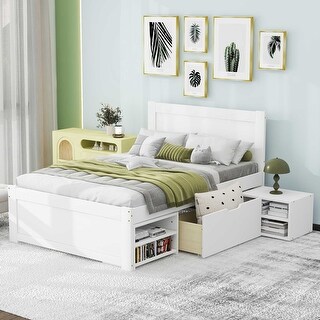 Twin Size Wooden Platform Bed Frame with one Storage Rack on Wheels, one Drawer & Two Shelves for Boys Girls, Noise-Free