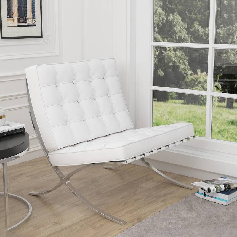 Mid Century Tufted Top Grain Leather Upholstered Lounge Chair - White