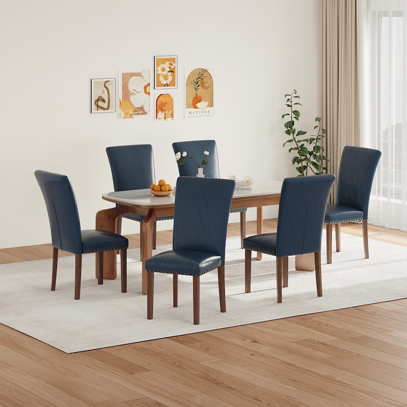 RENEWLINE Dining Chairs, Fabric with Nailhead Trim and Wood Legs - Set of 6 - L-Blue
