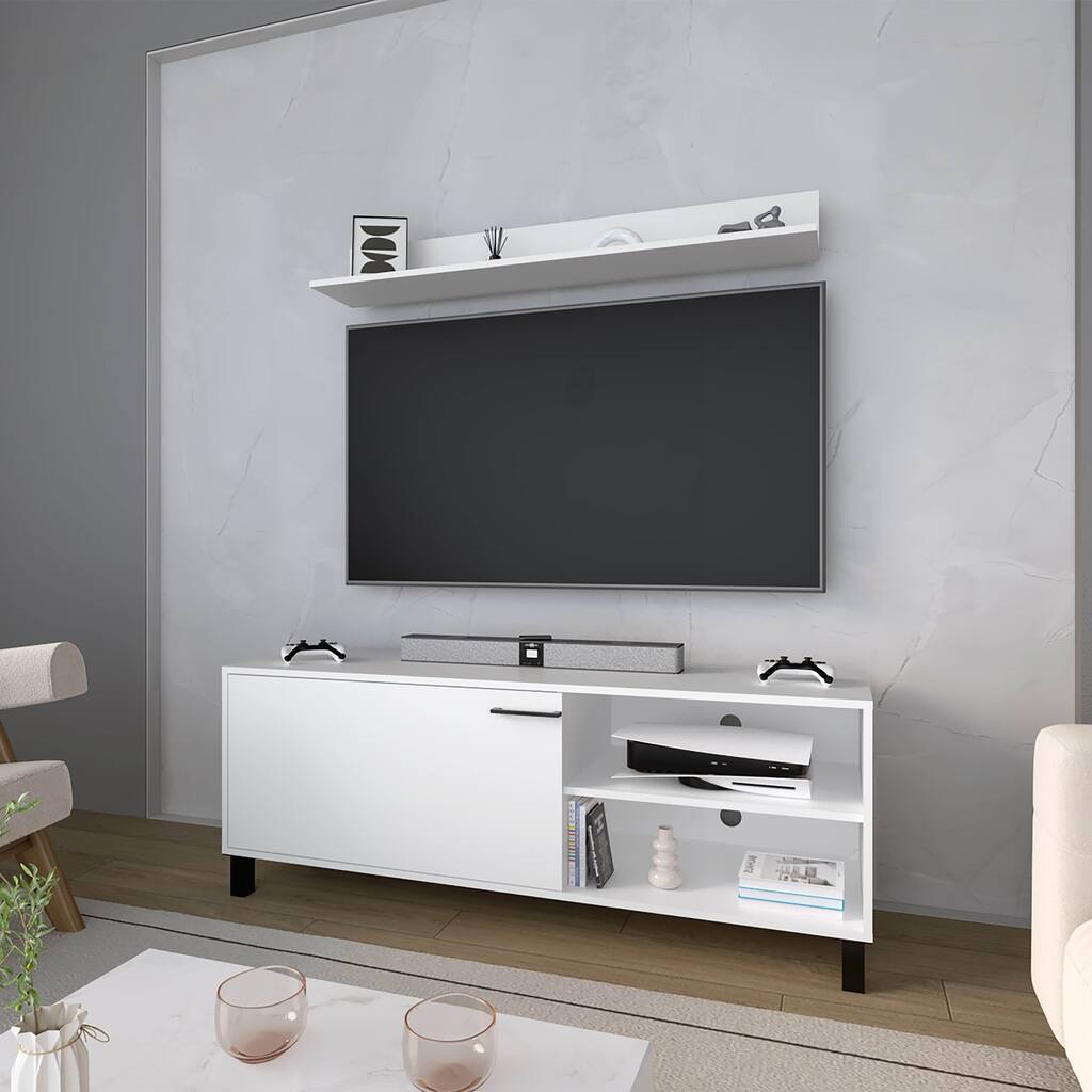 Versatile White TV Stand with Open Storage for Compact Spaces