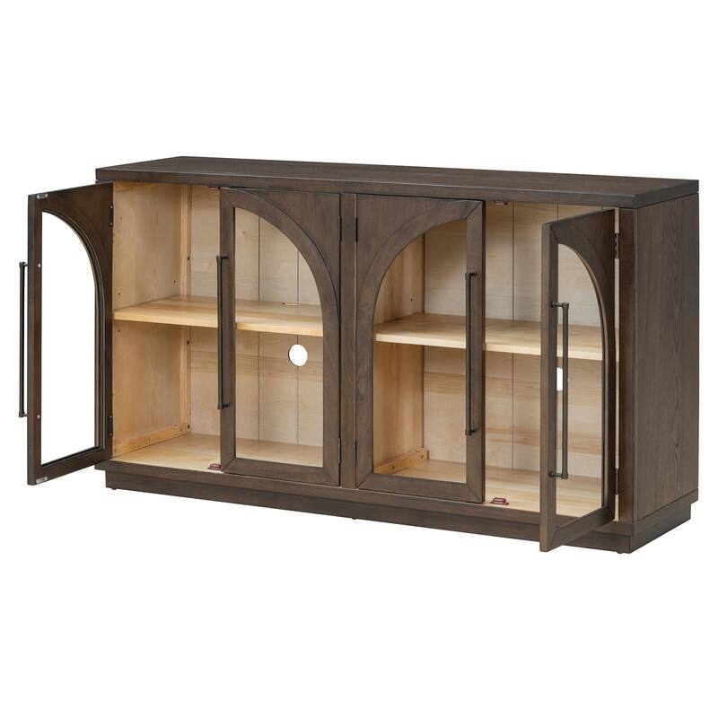Retro Style Wood Buffet Sideboard with 4 Arched Glass Doors, Kitchen Storage Side Cabinet with Adjustable Shelves