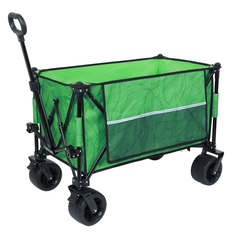 Heavy-Duty 480lb Folding Wagon with Bonus Picnic Mat - All-Terrain Wheels, Drink Holders & Brakes, Green Print