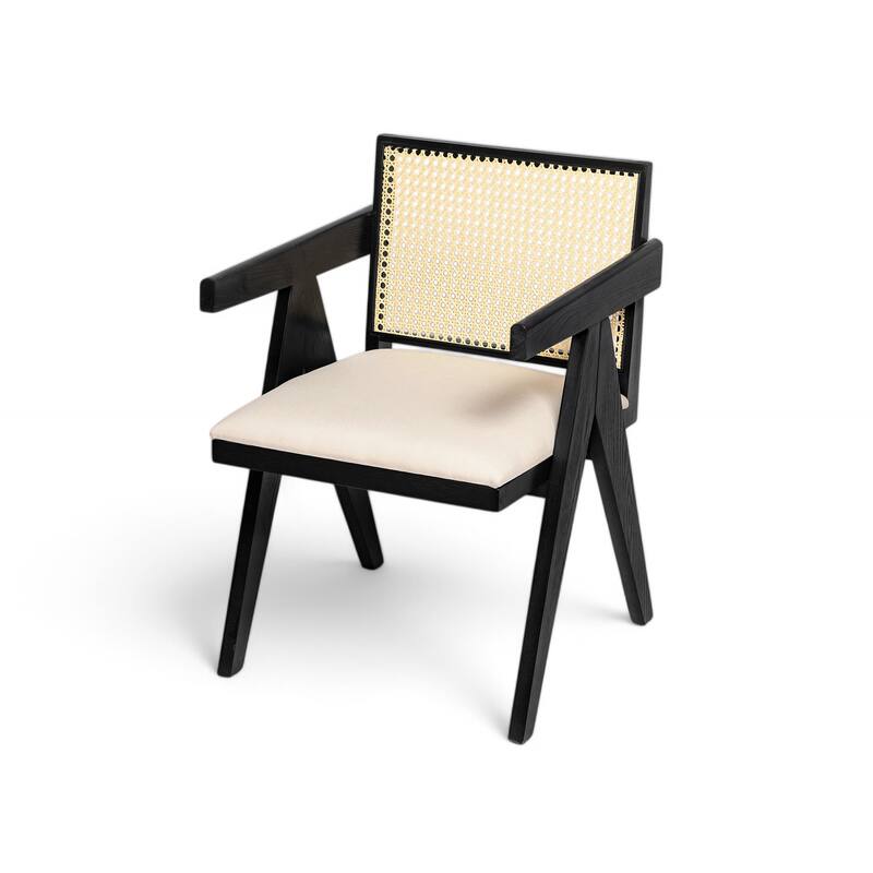 Farmhouse Rattan Dining Chairs Set of 2, Upholstered Armchairs with Backrest, Kitchen Side Chairs with Solid Wood Frame