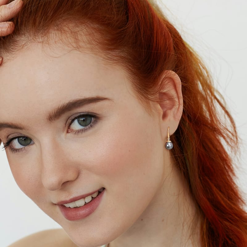 Miadora 8-8.5mm Black Tahitian Cultured Pearl & Diamond Accent Leverback Earrings in Yellow Silver